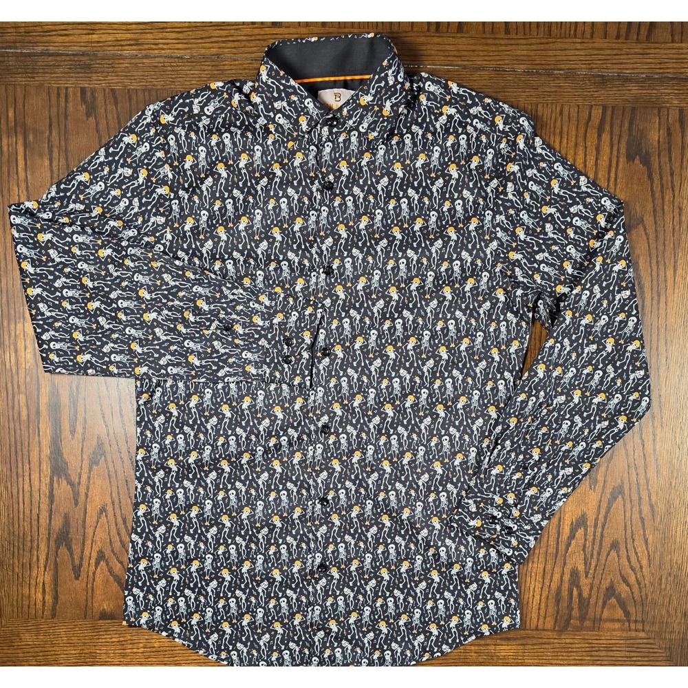 Tom Baine Mens Halloween Dancing Skeleton Slim Fit Stretch Button Up Shirt M